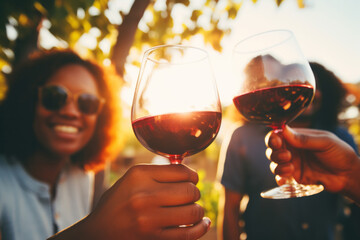 Friends toasting red wine glass and having fun cheering at winetasting experience. Young people enjoying harvest time together outside at farm house vineyard countryside.
