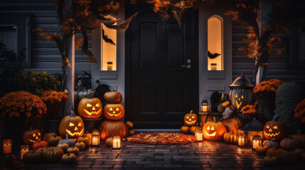 Obraz premium Halloween pumpkins and decorations outside a house, night view of a house entry door with halloween decoration