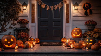 Halloween pumpkins and decorations outside a house, night view of a house entry door with halloween decoration