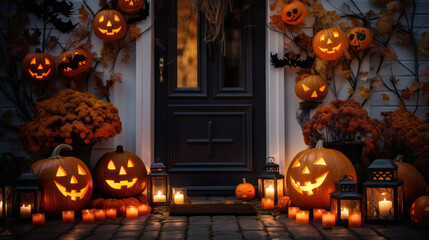 Halloween pumpkins and decorations outside a house, night view of a house entry door with halloween decoration