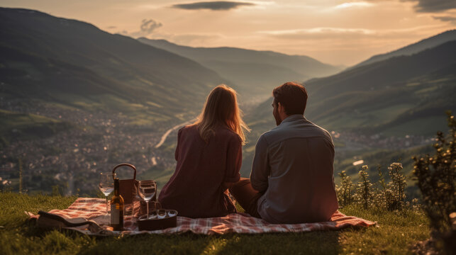 Young lovely couple having picnic in mountains landscape with view on nature and sunset