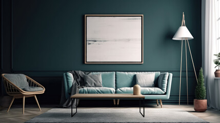 Modern living room with empty frame mockup.