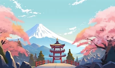 Poster Im Rahmen Japanese spring mountain background © Anditya