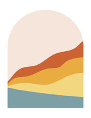 Abstract boho mountains landscape with blue river in the mid century arche. Modern terracotta and yellow vector illustration.
