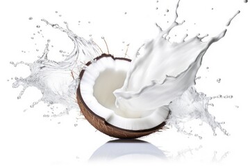 half of coconut and coconut cream water splash on white background