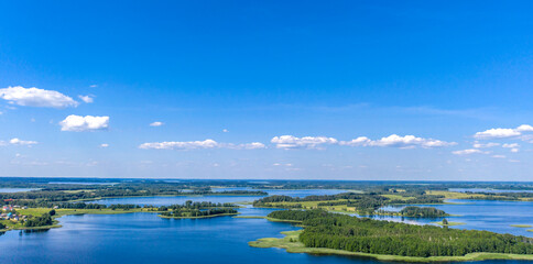 Drone shot on summer lake. Bird-eye view on summer lake.
