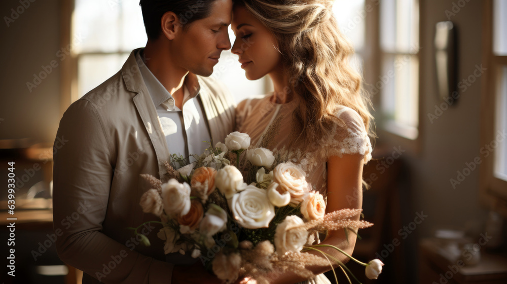 Canvas Prints Closeup portrait of a young couple in love, holding a bouquet of flowers. wedding