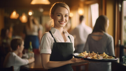 Happy smiling caucasian restaurant waitress holding a tray of food to serve customers - obrazy, fototapety, plakaty