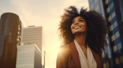 Happy wealthy rich successful black businesswoman standing in big city modern skyscrapers street on sunset thinking of successful vision, dreaming of new investment opportunities.