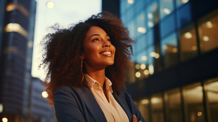 Happy wealthy rich successful black businesswoman standing in big city modern skyscrapers street on sunset thinking of successful vision, dreaming of new investment opportunities.