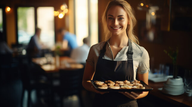 Happy smiling caucasian restaurant waitress holding a tray of food to serve customers