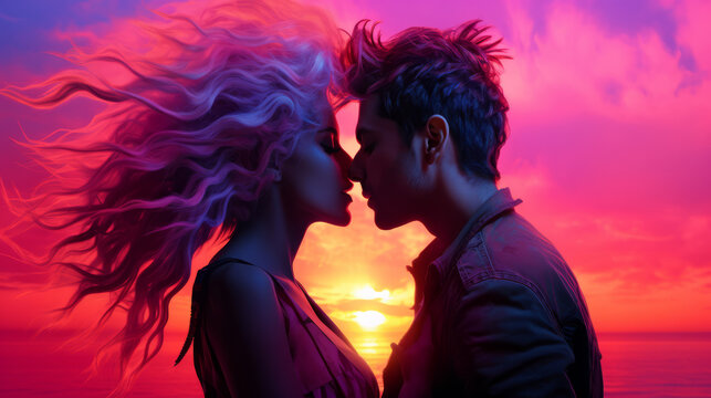 Lovely young couple kissing facing each other on a synthwave colors sunset with hair blowing in the wind