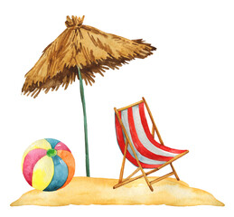 Tropical beach resort seascape. Beach umbrella, chair, ball on sand. Summer vacation, relax illustration, sunbathing, travel. 