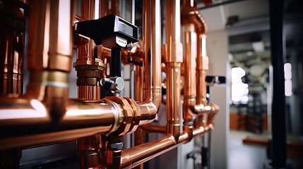 Plumbing service with copper pipeline of a heating system. Plumbing, fixing pipes and fittings for connection of water or gas systems