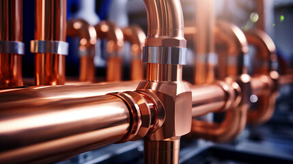 Plumbing service with copper pipeline of a heating system. Plumbing, fixing pipes and fittings for connection of water or gas systems