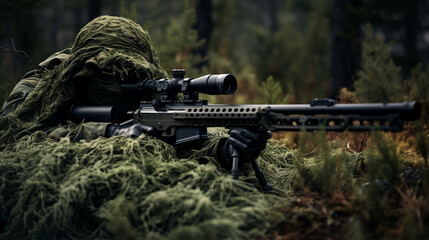 Special forces sniper soldier wearing ghillie suit laying on ground hiding with sniper gun - obrazy, fototapety, plakaty