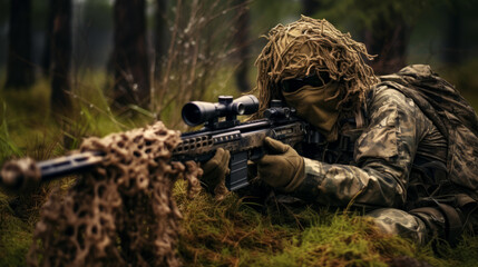Special forces sniper soldier wearing ghillie suit laying on ground hiding with sniper gun