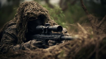 Special forces sniper soldier wearing ghillie suit laying on ground hiding with sniper gun