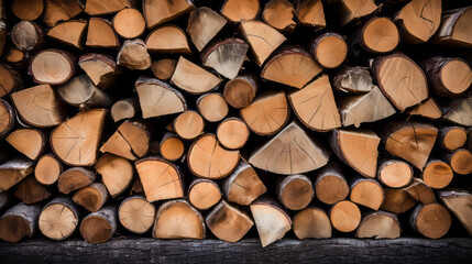 Stacked logs of fire wood texture background. Dry chopped firewood logs backdrop