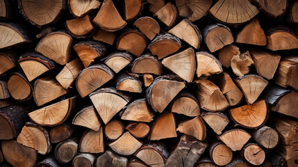 Stacked logs of fire wood texture background. Dry chopped firewood logs backdrop