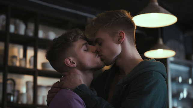 Gay couple lovers kissing in a cafe