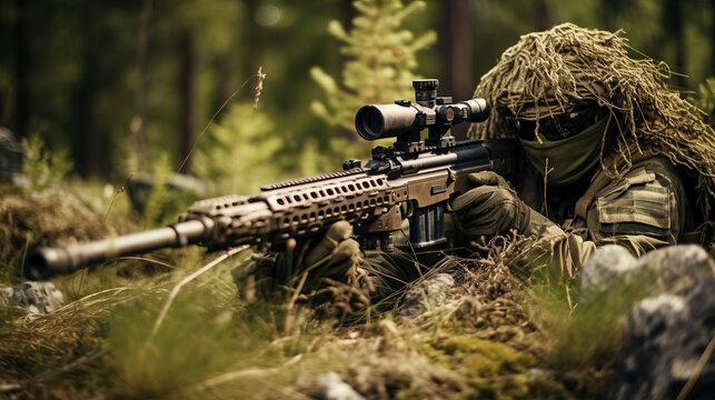 Special forces sniper soldier wearing ghillie suit laying on ground hiding with sniper gun