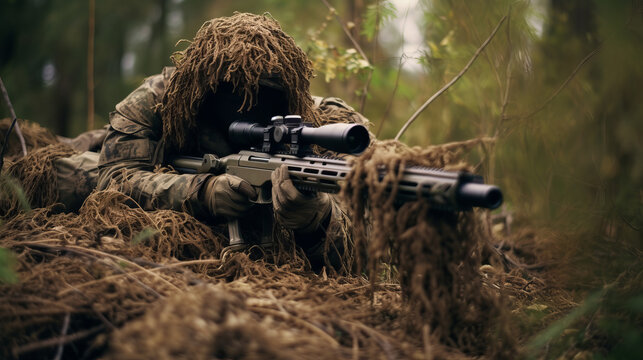 Special forces sniper soldier wearing ghillie suit laying on ground hiding with sniper gun