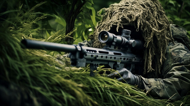Special forces sniper soldier wearing ghillie suit laying on ground hiding with sniper gun