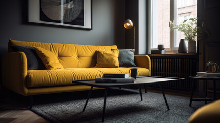 modern living room with yellow couch and black coffee table.