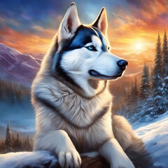 雪山でくつろぐハスキー