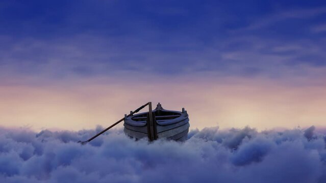 Abandoned wooden boat over blue clouds