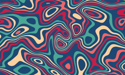 Vector groovy background in 70s retro style. Trendy abstract hippie pattern with psychedelic waves in blue tones	