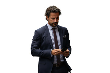 Homme élégant en costume sur son smartphone sur fond transparent, PNG avec couche alpha