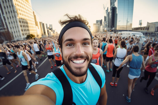 Young male marathon runner is taking a selfie picture while running , crowd of other runners and city view in the background