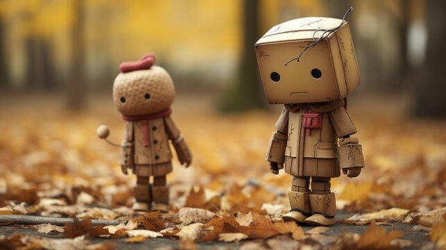 Toys and boxman made of boxes in autumn leaves