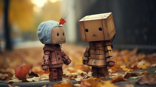Toys and boxman made of boxes in autumn leaves