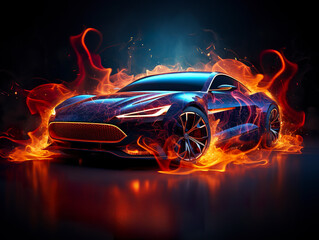 Sports car illustration in flames. Blue car coming out of the fire at high speed. Large flames envelop the car.