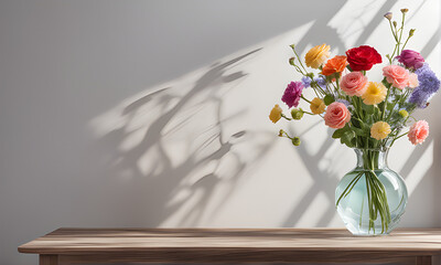 Wooden table with small glass vase with bouquet of  flowers near empty, blank paint wall. Home interior background with copy space , edge of table