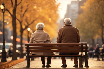 a senior couple sitting on a wooden bench in the autumn park