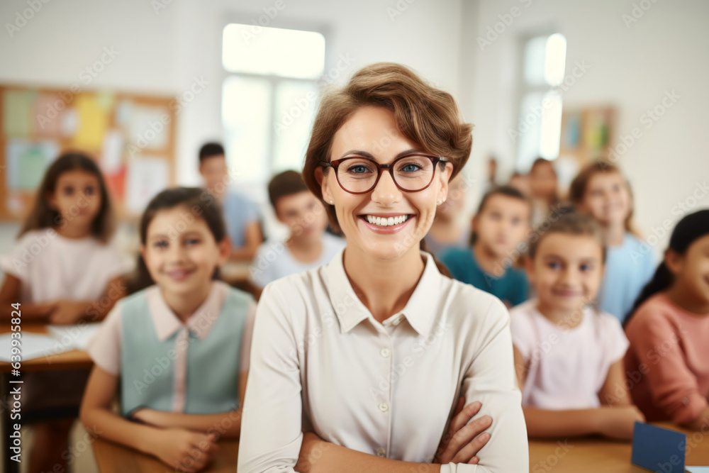 Poster portrait of smiling teacher in a class at elementary school looking at camera with learning students