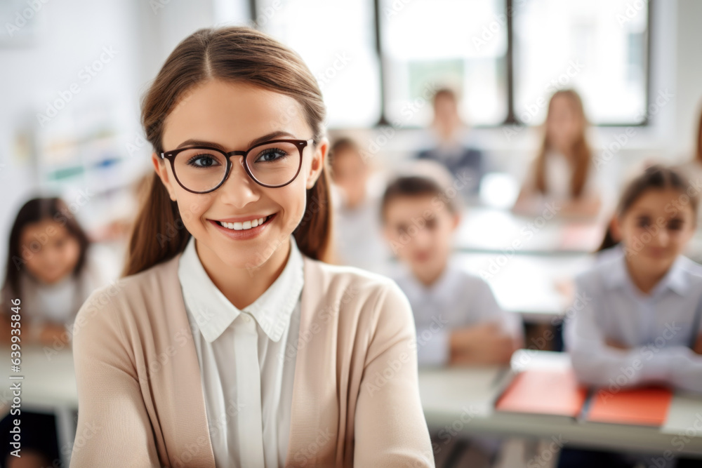 Poster portrait of smiling teacher in a class at elementary school looking at camera with learning students