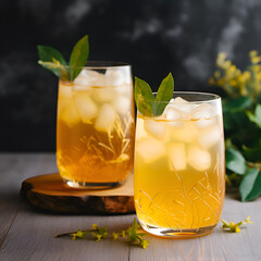 Iced kombucha drinks or homemade citrus lemonade in high glasses on grey background. Two glasses with filtered kombucha tea made of yeast, sugar and tea with addition of lemon and lime. Fermented tea
