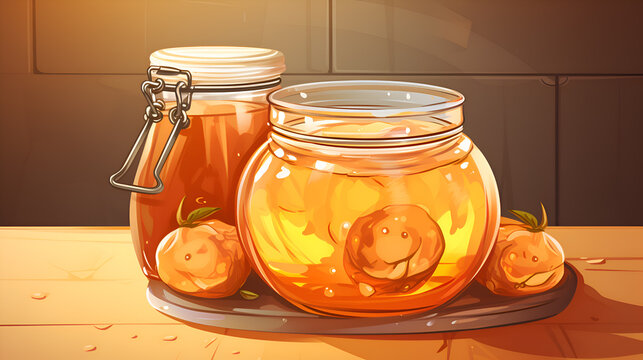 Kombucha illustration. Homemade kombucha tea in glass jar made of yeast, sugar and tea. Kombucha sweet and sour drink helps to boost the immune system, prevent and fight against diseases. Scoby
