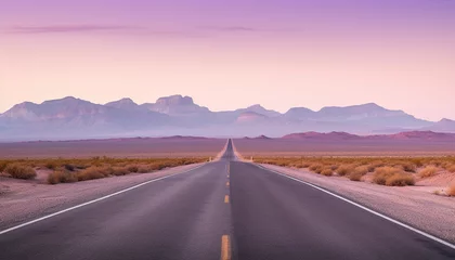 Foto op Plexiglas anti-reflex Route 66 highway road in the evening sunset with desert mountains in the background landscape © Ars Nova