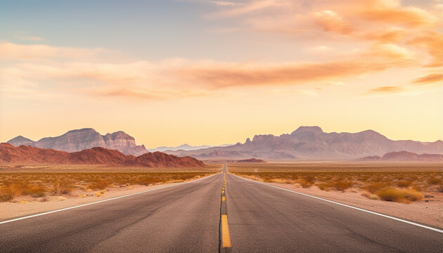 Route 66 highway road in the evening sunset with desert mountains in the background landscape © Gajus