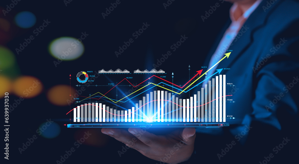 Poster digital online marketing, businessman using tablet and analysis sale data graph growth on modern int