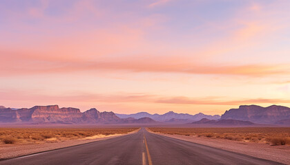 Fototapeta na wymiar Route 66 highway road in the evening sunset with desert mountains in the background landscape