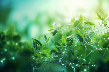 Beautiful green background with leaves connected by a digital grid, space for text, logos or inscriptions.generative ai

