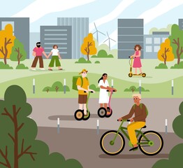 People drive electric transport in park. Funny citizens walk, ride in city, ecological bicycles, scooters and segways, vector illustration