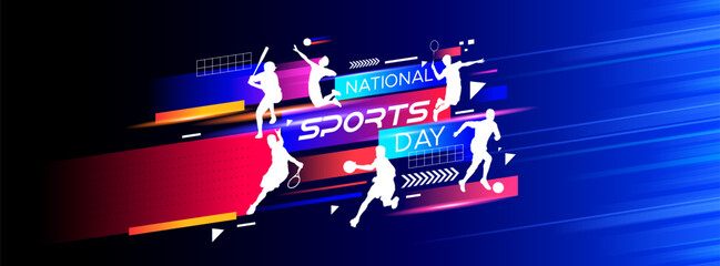 sport background, national sports day celebration concept, with abstract geometric ornament and illustration of sports athlete football player, badminton, basketball, baseball, tennis, volleyball - obrazy, fototapety, plakaty